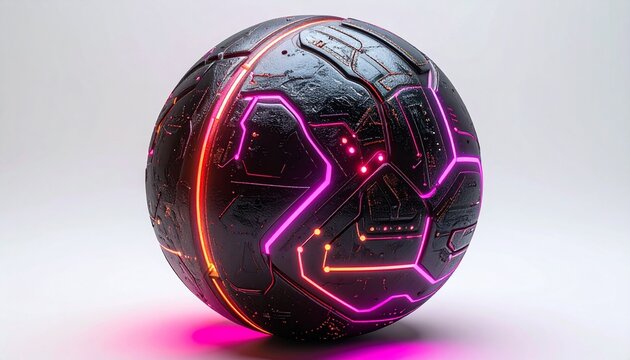 A leather World Cup soccer ball embossed with futuristic neon circuitry patterns, isolated on white backdrop