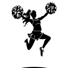 Silhouette of a Cheerleader in Mid-Air with Pom-Poms:  Black and White Vector Illustration