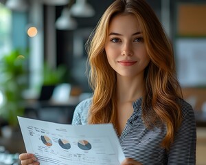 A young professional woman confidently reviews a detailed business report with financial charts in a modern office environment