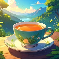 A teacup on a wooden table with a scenic view