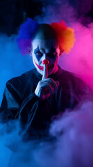 Creepy halloween clown with colorful wig and scary makeup making silence gesture surrounded by smoke. 