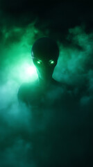 Alien emerging from dark foggy atmosphere in eerie halloween fantasy scene. 