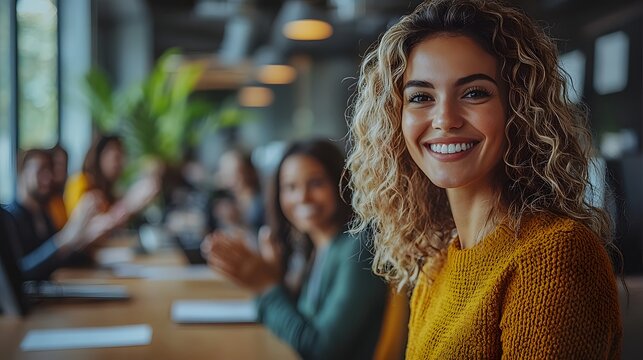 A smiling woman in an office setting with colleagues applauding in the background signifying success - Powered by Adobe
