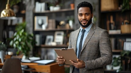 A confident businessman in a suit holds a clipboard in a modern office ready to consult