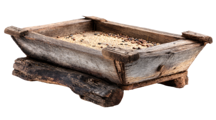 Aged wooden trough, rustic, rectangular, with grains