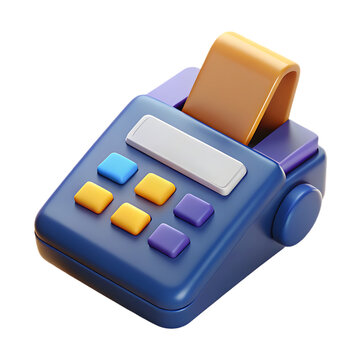 3d rendering of a blue credit card reader with colorful buttons and a receipt, isolated on transparent background