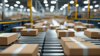Obraz premium Cardboard boxes move along a conveyor belt in a warehouse