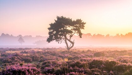 Single tree among autumnal foggy purple heather field in sunset, pale pastel bright landscape. 
