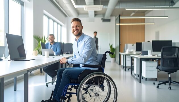 Smiling man in wheelchair in modern office