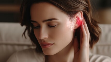Young woman experiencing ear discomfort while sitting in a modern living room with soft lighting during the day