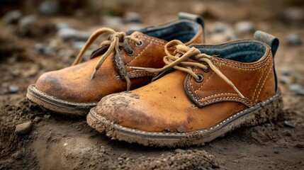 Worn brown shoes resting on muddy ground after a day of outdoor exploration and adventures in natural surroundings