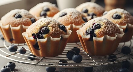 Fresh Blueberry Muffins with Powdered Sugar on Cooling Rack | Gourmet Baked Goods for Bakery Menu and Recipe Promotion