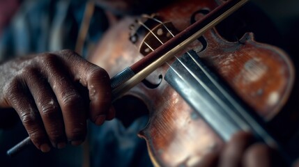 Musician playing an intricate melody on a weathered violin with skilled hands in a cozy, intimate setting during the evening hours