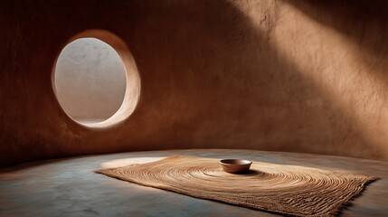 Natural light illuminates a minimalist room with a round window, a woven rug, and a ceramic bowl during the late afternoon