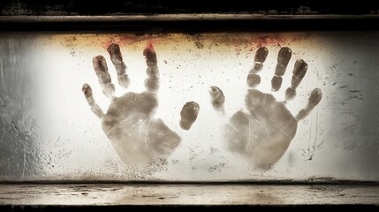 Handprints on a fogged glass surface reveal the presence of a person longing for freedom in an isolated environment