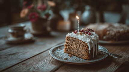Delicious birthday cake slice with decorative frosting and a candle on a rustic wooden table surrounded by flowers and warm lighting