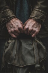 Hands gripping a weathered backpack emphasizing determination and readiness in a candid urban environment