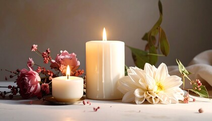 Two lit candles with flowers and leaves on a table.