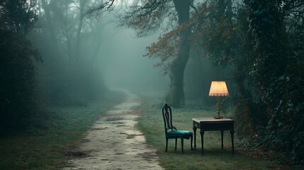Amidst the thick fog of the forest, a mysterious path weaves through the shadows, featuring a quaint table and an old lamp, all illuminated by twilight's soft glow