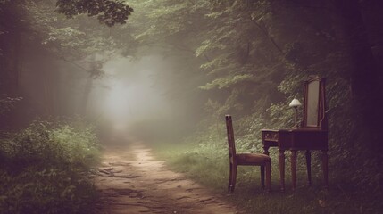 Mysterious vanity table placed in foggy forest with a chair by a winding dirt path during early morning