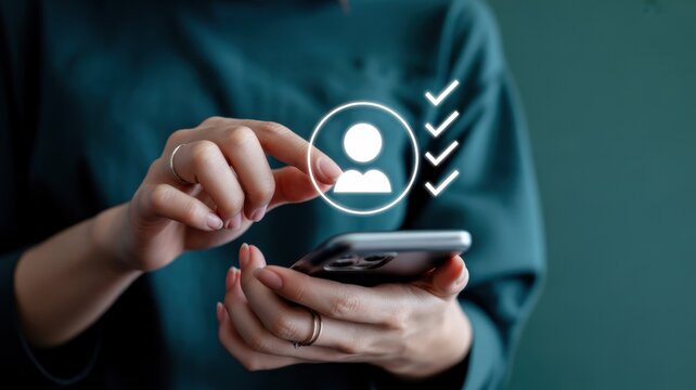 Candidate Selection: A person is carefully evaluating potential candidates on a smartphone in a modern and simplified interface, ready to make an informed selection.