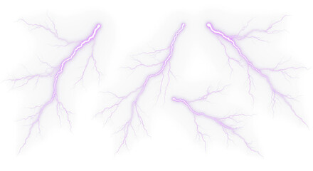 set of purple lightning bolt strike png, thunderstorm or light effect isolated on transparent cut out background