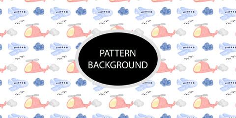 blue watercolor airplane pattern background. Texture for baby shower, packaging, wallpaper, fabrics, textiles, baby design.