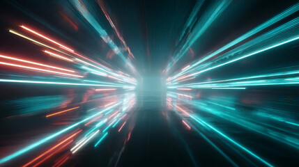 Fototapeta premium Abstract tunnel with glowing neon light streaks in blue and red perspective view