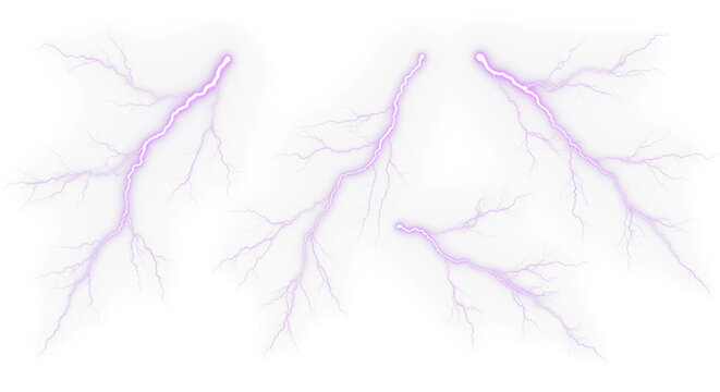 set of purple lightning bolt strike png, thunderstorm or light effect isolated on transparent cut out background - Powered by Adobe