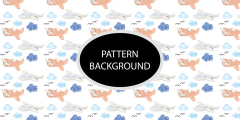 blue watercolor airplane pattern background. Texture for baby shower, packaging, wallpaper, fabrics, textiles, baby design.