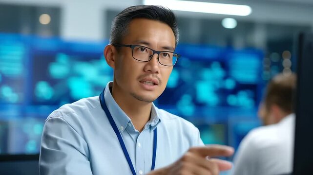 Cybersecurity instructor teaching threat detection using simulated network attack visualizations with IT professionals practicing incident response through interactive holographic