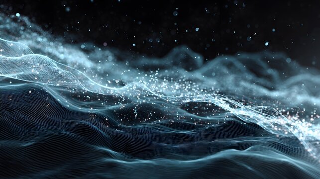 abstract glowing particles selective focus and bokeh effect on dark background. Futuristic glowing particles with depth of field and bokeh effect.