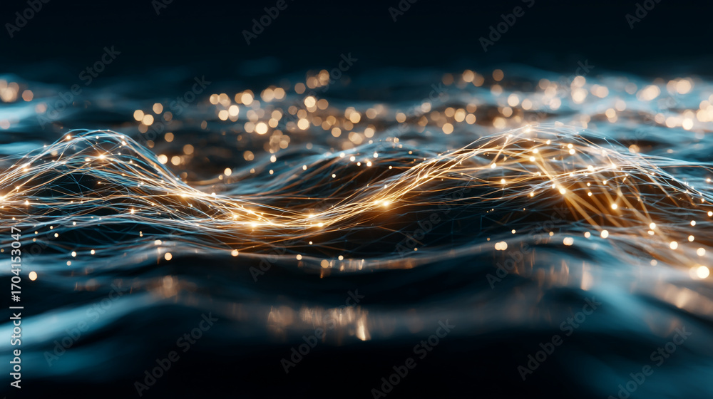 Poster abstract network with glowing lines and blurred lights on a dark background