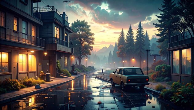 Rainy Evening Street Scene with Vintage Car and Moody Sky.