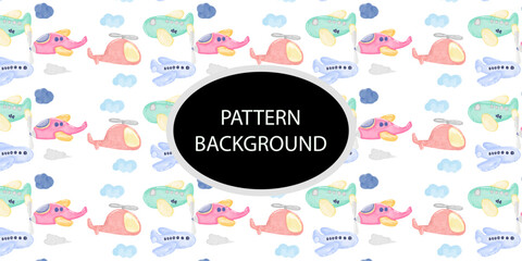 blue watercolor airplane pattern background. Texture for baby shower, packaging, wallpaper, fabrics, textiles, baby design.