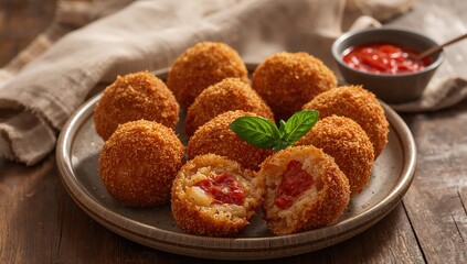 Golden Sicilian arancini with ragù filling served alongside fresh tomato sauce