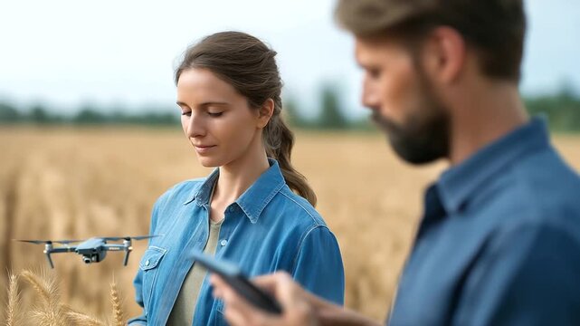 Agtech innovators presenting precision farming solutions through satellite imagery and drone monitoring data with agricultural partners analyzing crop yield optimization algorithm