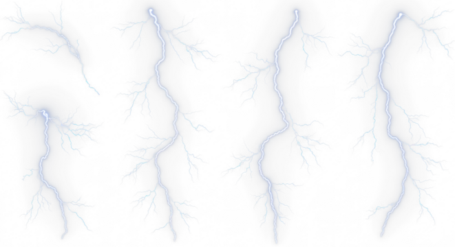 set of lightning bolt strike png, thunderstorm or light effect isolated on transparent cut out background