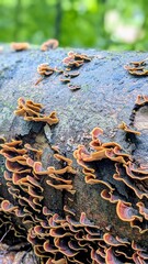 Vibrant Fall-Colored Mushrooms Growing on Mossy Tree Stump in Forest
