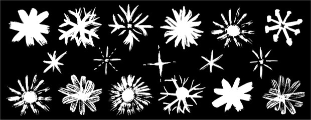 Set of pastel white snowflakes. Drawn in squiggle marker, chalk, charcoal and crayon for frozen, waxy Christmas crystal look. Cute child-inspired holiday vector of abstract stars or flowers collection