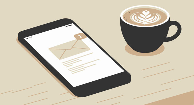 Isometric smartphone with email notification and coffee cup on desk