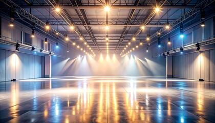 Empty Industrial Warehouse with Dramatic Stage Lighting and Reflections.