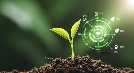 Green Sprout Growing in Soil with Technological Interface Overlay on Blurred Green Background
