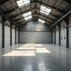 Empty industrial warehouse with concrete floor, high steel roof structure, natural light through skylights, realism photography style.