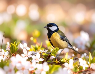 A titmouse bird perched amidst spring blossoms