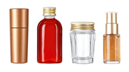 Four cosmetic containers in various shapes and colors.  A bronze cylindrical container, a reddish-amber liquid bottle, a clear glass jar, and a gold-hued spray bottle are arranged horizontally