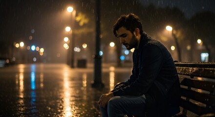 Lonely Man Sitting on Park Bench in Rainy Night with Streetlights in Background