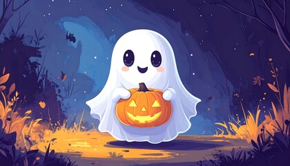 Fototapeta premium Cute ghost with pumpkin in a Halloween forest
