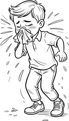 Young boy sneezing into tissue, allergy symptoms, cold illness, sick child, health problem, sneezing attack, runny nose, seasonal allergy, child care, illness symptoms