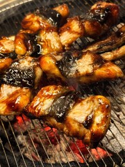 close up Charcoal grill conger in korean BBQ restaurant.